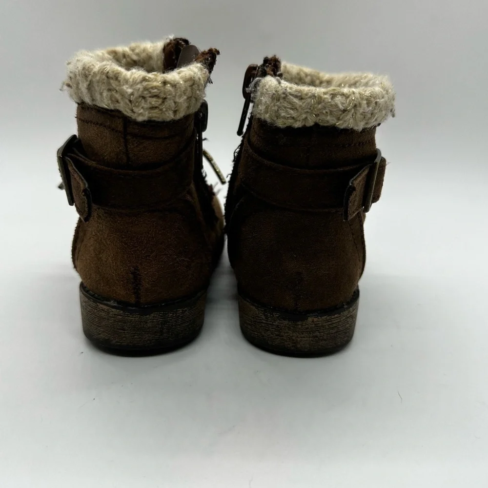 Toddler Ankle Slightly Distressed Brown Lace Up Side Zip & Buckle Knit Top Boots